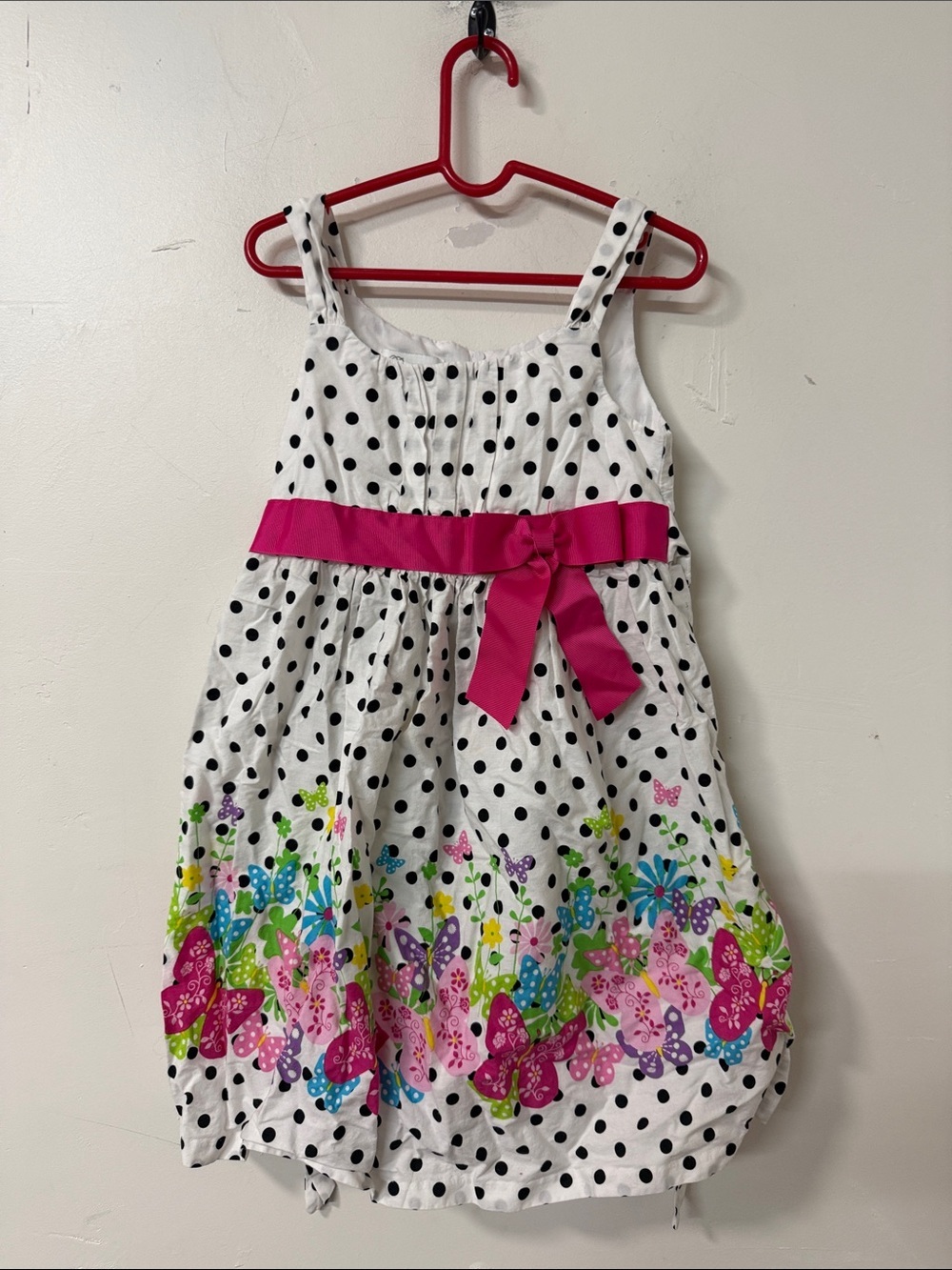 Bonnie Jean White Polka Dot Dress with Pink Sash and Multicolor Butterfly Border